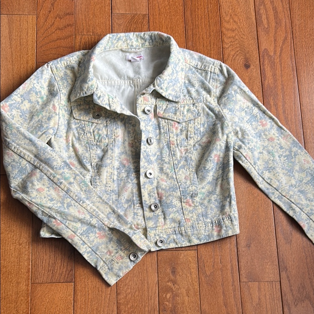 BONGO Blue and Yellow pastel floral Jean Jacket Cropped Denim Style
